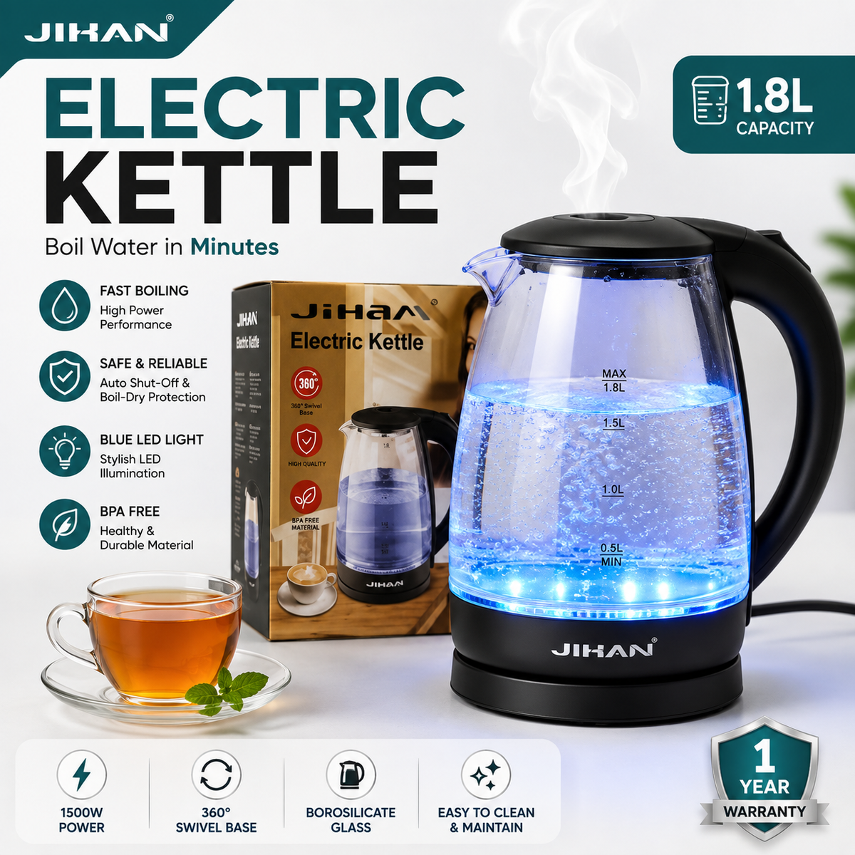 JIHAN 1.8L Electric Glass Kettle with Blue LED Light